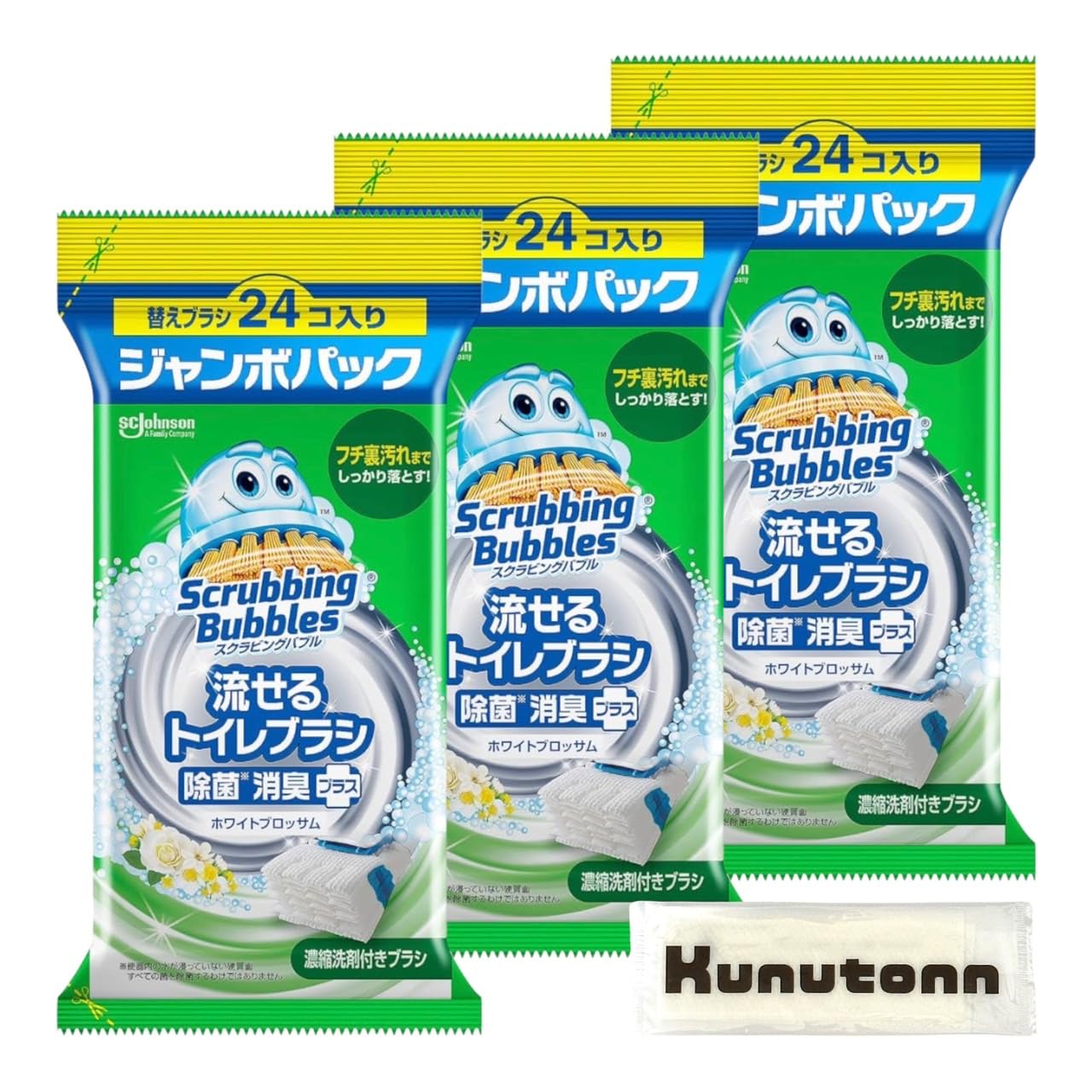 

Scrubbing Bubbles Flushable Toilet Brush Refill (24 pieces) - Disinfecting, Deodorizing, and White Blossom Scent - 3-pack + Kunutonn Original Logo Han