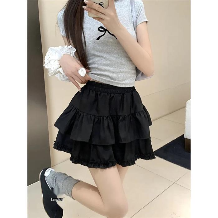 Женская летняя юбка 2025 года с высокой талией, пышная, А-силуэта, со сладкими оборками Large чёрный