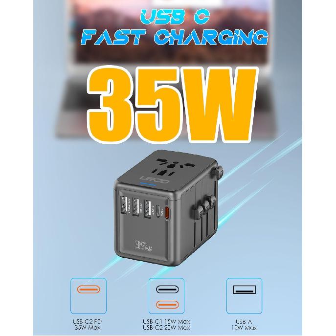 Universal Travel Adapter 35W PD Fast Charging Offers 3X2.4A USB-A Ports, 2X USB-C Ports and Multi AC Outlet, International Plug Converter Worldwide