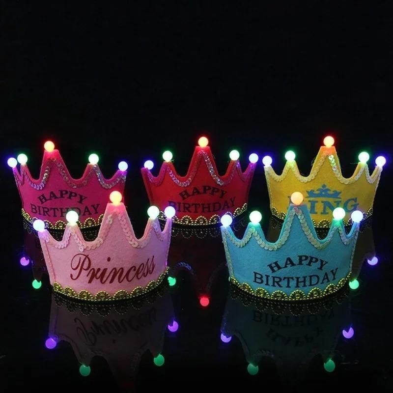 LED Happy Birthday Party Crown Hat Light Up Headdress King Princess Prince Baby Shower Boy Girl Children Decoration Supplies