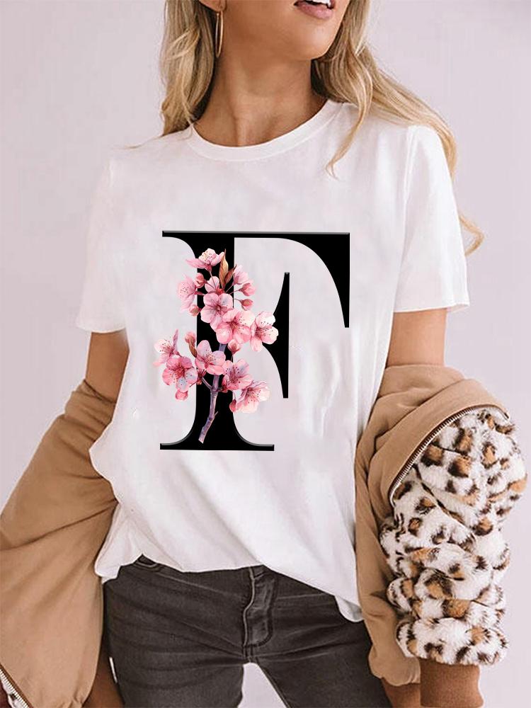 Elegant Cherry Blossom Initial Az Tshirt Unisex Crewneck Floral Letter Graphic Girls Y2k Tops Fashion Mama Birthday Gift Tshirt