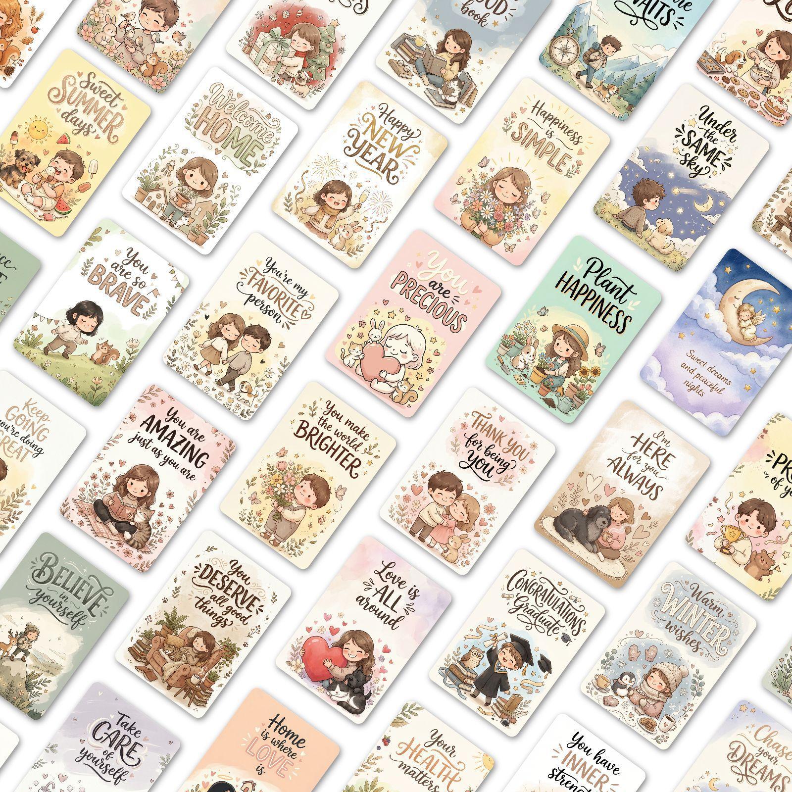 

36 Cartoon Warm Healing Illustration Cards Inspirational Quotes Four Seasons English Short Sentences Blessing Cards RXHB0147
