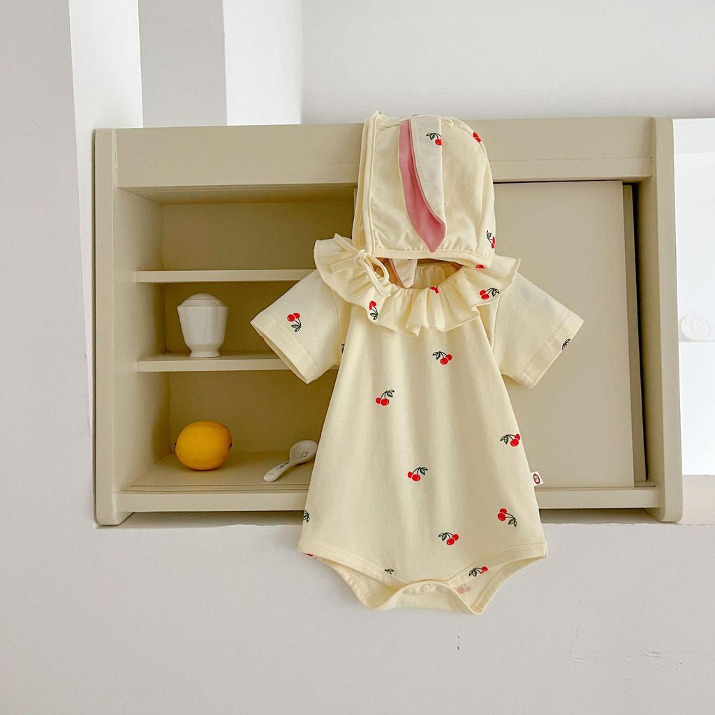 Summer Baby Girl Hooded Onesie with Collar, Short Sleeve Cute Bodysuit