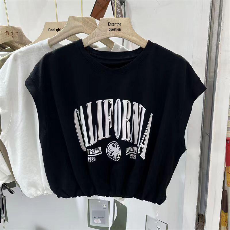Damski bawełniany T-shirt bez rękawów w stylu europejskim - Letni, podkreślający talię, dopasowany, luźny top z okrągłym dekoltem