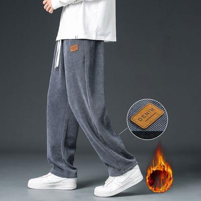 Winter Male Casual Fleece Thermal Trousers Thick Warm Corduroy Sweatpants Men Fleece Liner Drawstring Straight Loose Track Pants