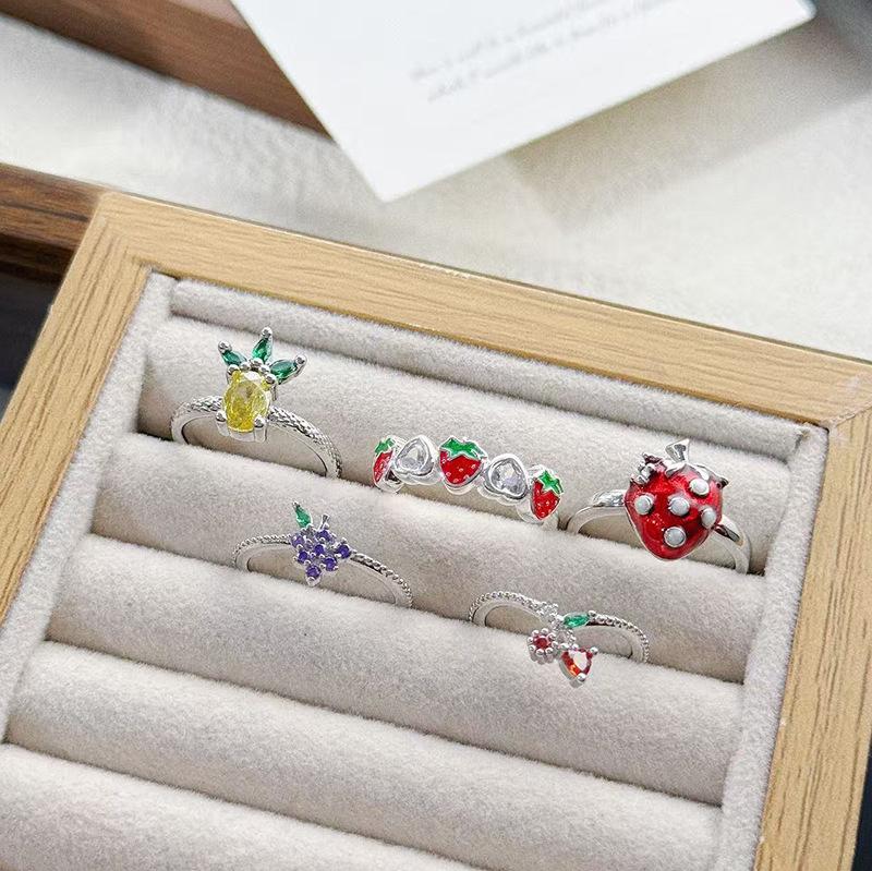 Fruit Series Grape Pineapple Cherry Strawberry Enamel Zir*****Pen Ring Niche High-End Feeling Stacked Ring Woman