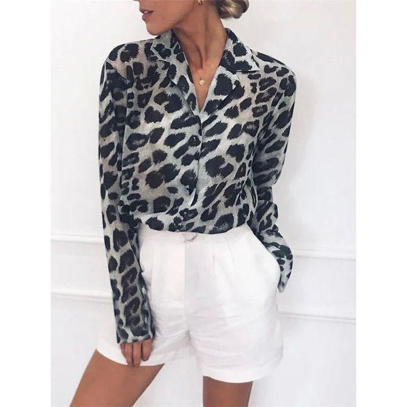 Suit Collar Leopard Print Long Sleeve Shirt Women Leopard-Print Long-Sleeved Shirt