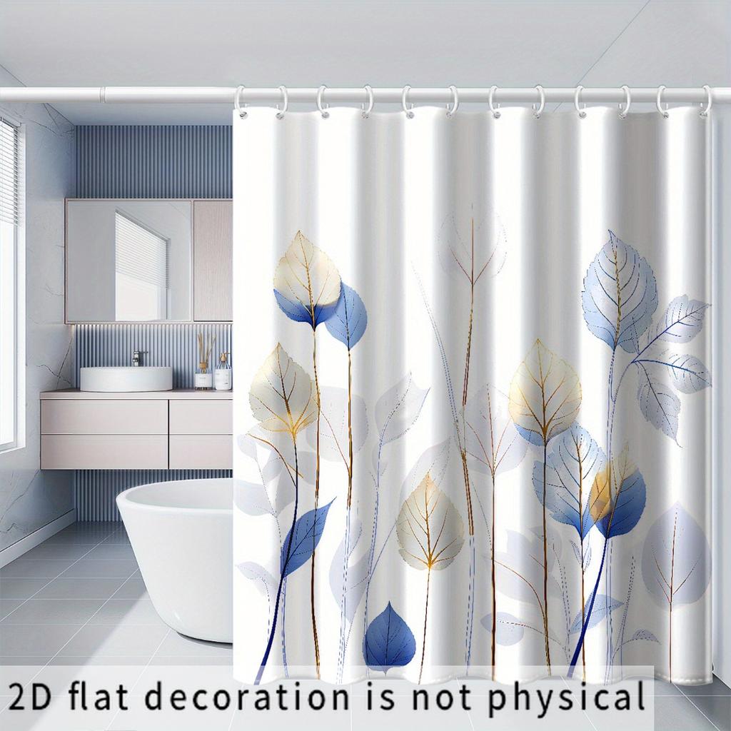 2D Flat, 2D Flat Shower Curtain, 1pc, Blue Tree Branch and Leaf Print Shower Curtain with 12 Hooks, Made of, Featuring Window an