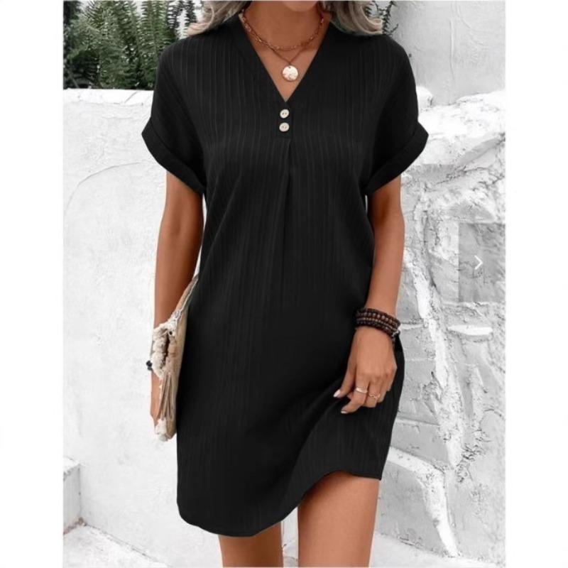 Women's V-neck Solid Color Pullover Casual Button Dress