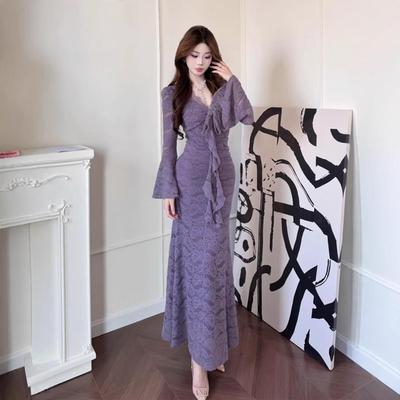 Purple Pure Desire V-neck Lace Bell Sleeve Slim Long Dress 2026