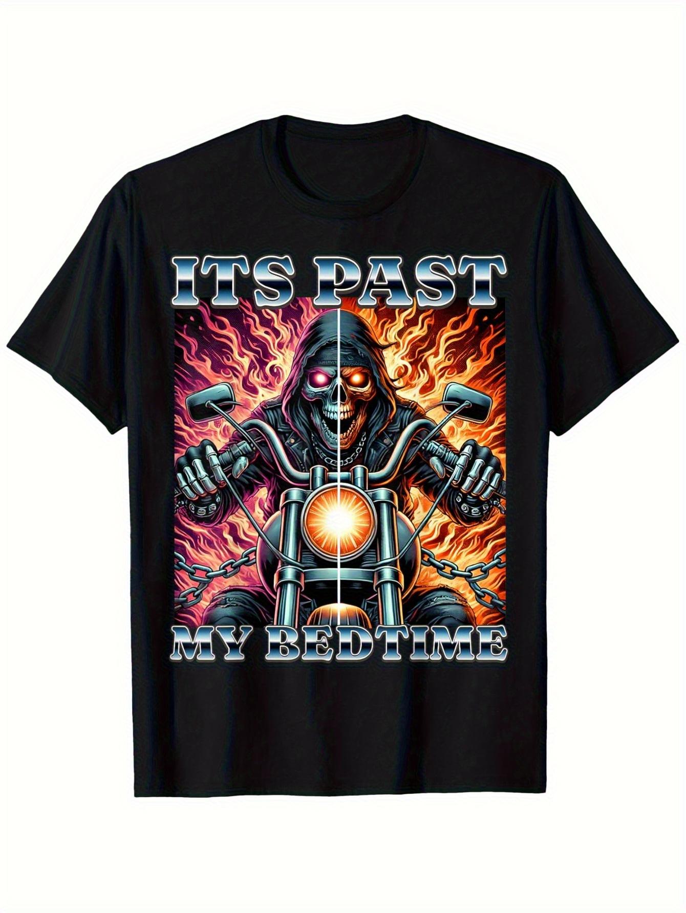 

Slim Fit It s Past My Bedtime Skeleton Motorcycle Graphic T-shirt - Black Ironic Humor Tee with Flames & Bold Blue Text XXL