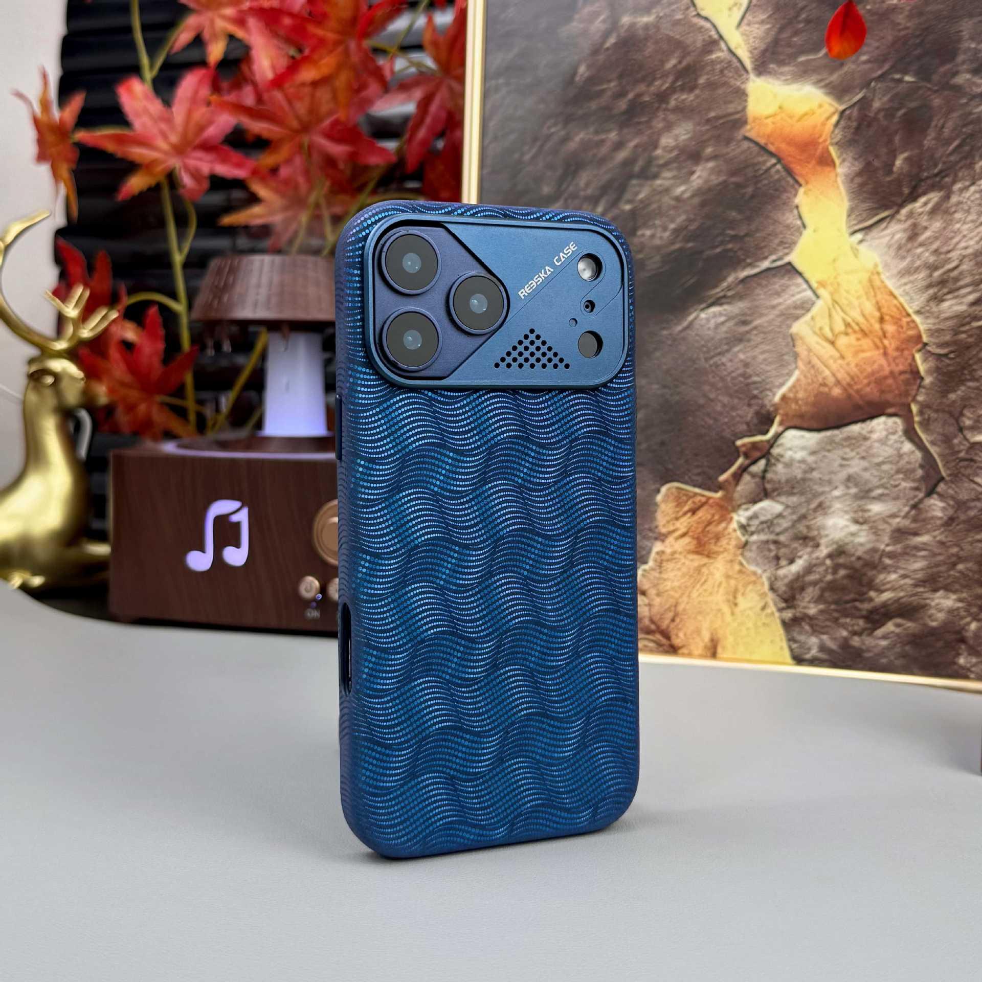 

iPhone 17 Pro Max Case - Water Rhyme Wave Gold Leather Magnetic Protective Business Sticker iPhone 16 Pro Max синий