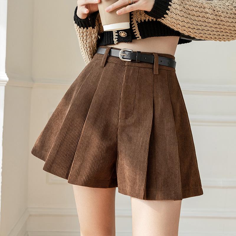 Women's High Waist Khaki Corduroy A-Line Pleated Skort for Autumn/Winter