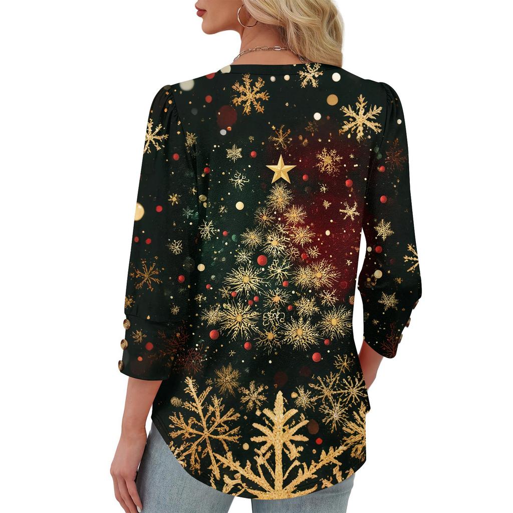 Women's Fashionable Casual Christmas Printed V-neck Top
