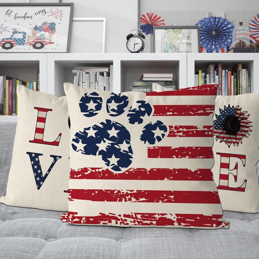 GAGEC 4th of July Pillow Covers 18x18 Inch N Flag Funny Paws Patriotic Pillows Independence Day Pillowcase Decor for Sofa
