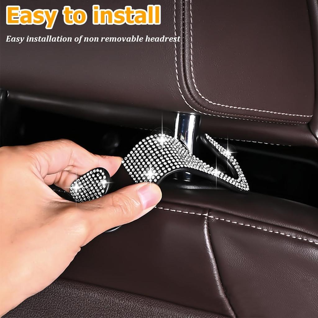 HZEL Bling Car Seat Headrest Hooks, 4PCS Crystal Rhinestone Vehicle Seat Back Hanger Holder for Purses Bag Handbags, Diamond Headrest Storage