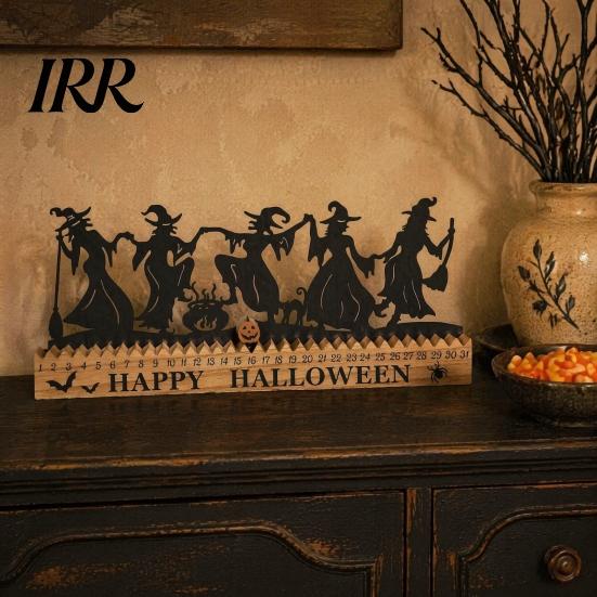 Halloween Office Decor Dancing Witch Countdown Table Ornament, Rustic Wooden Home Handcrafted Art for Party Centerpiece, Spooky Haunted House Tabletop