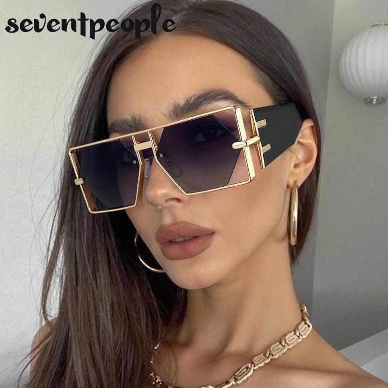 Vintage Punk Rectangle Sunglasses Women New  Luxury Brand Trendy Hollow Hexagon Lenses Double Beam Shades For Ladies UV400