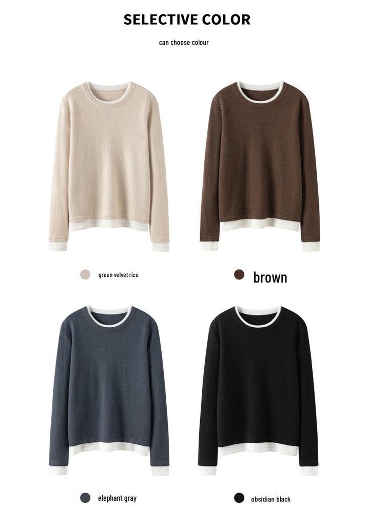 Women's Autumn Winter Patchwork Cashmere Round Neck Loose Pullover Knitwear