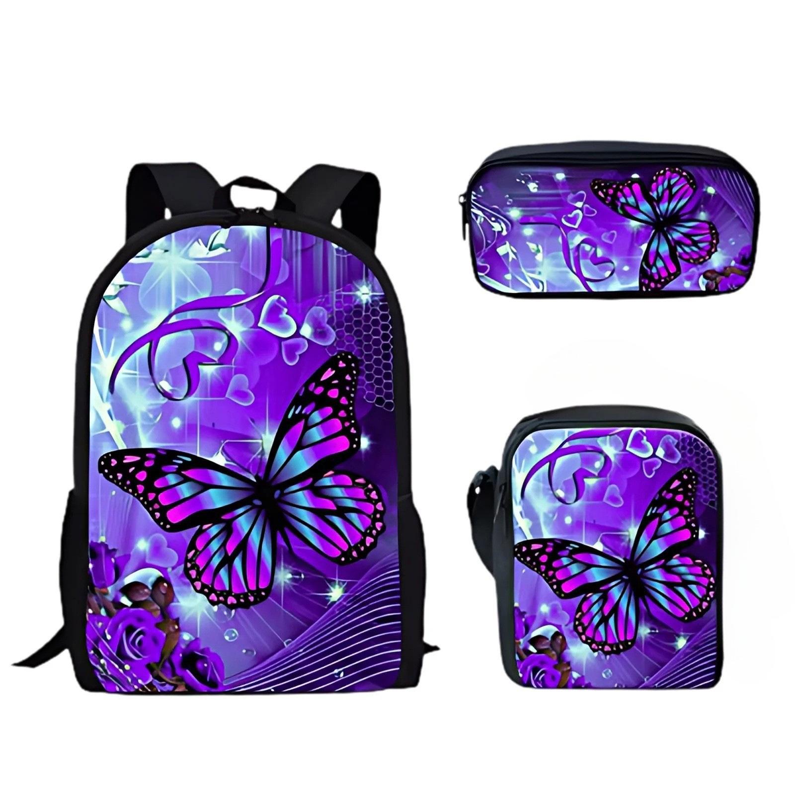 Butterfly Pattern Series Student Children S Schoolbag Nylon School Backpack Three-Piece Set pencil bag
