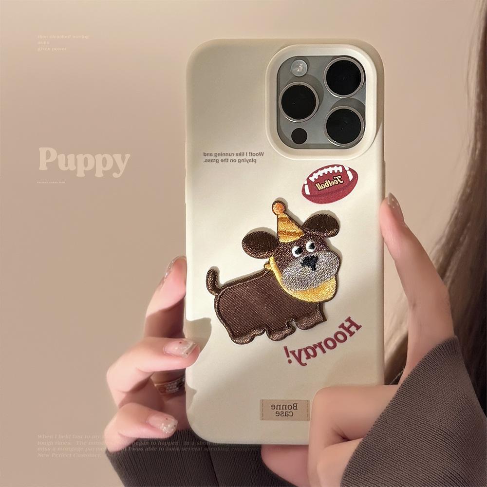 American Retro Iphone17pro Mobile Phone Case Max Apple 16 Embroidered Puppy 13 Cartoon 14 Suitable for 12 Anti Fall