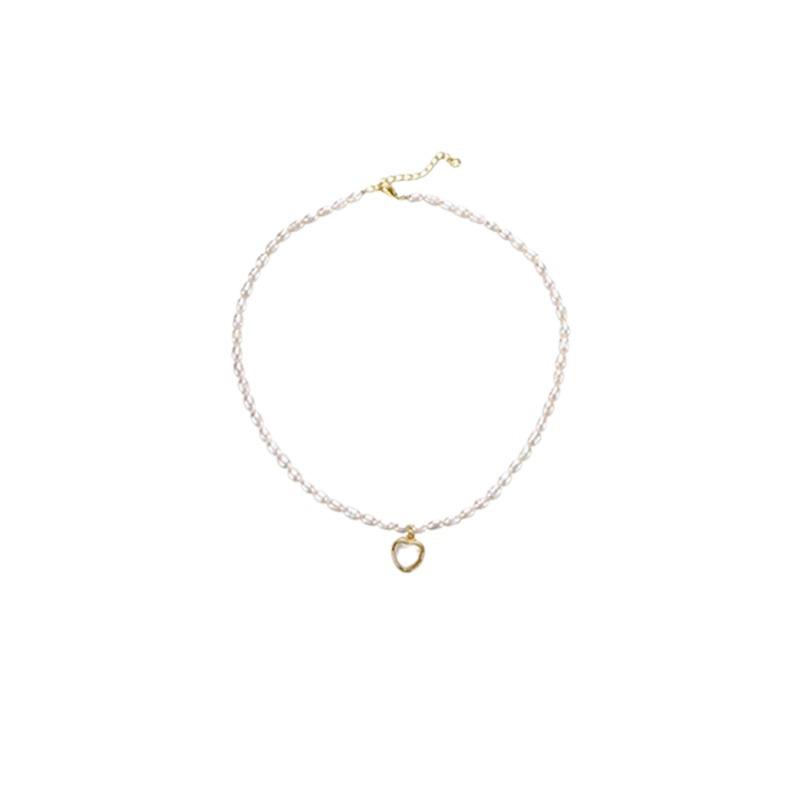 Women's Freshwater Pearl & Abalone Heart Pendant Necklace with Beaded Clavicle Chain