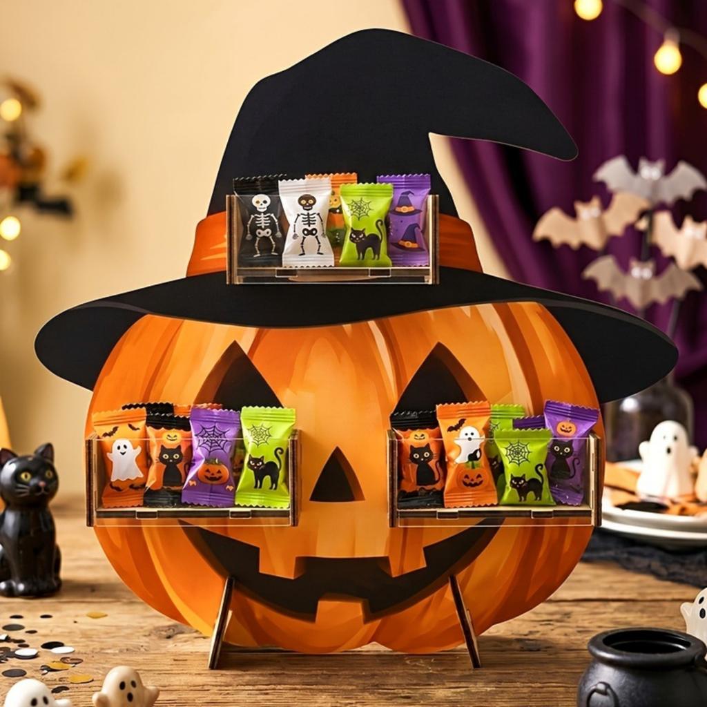 Halloween Wooden Pumpkin Candy Display Stand, Holiday Festive Wooden Candy Holder Tabletop Decor