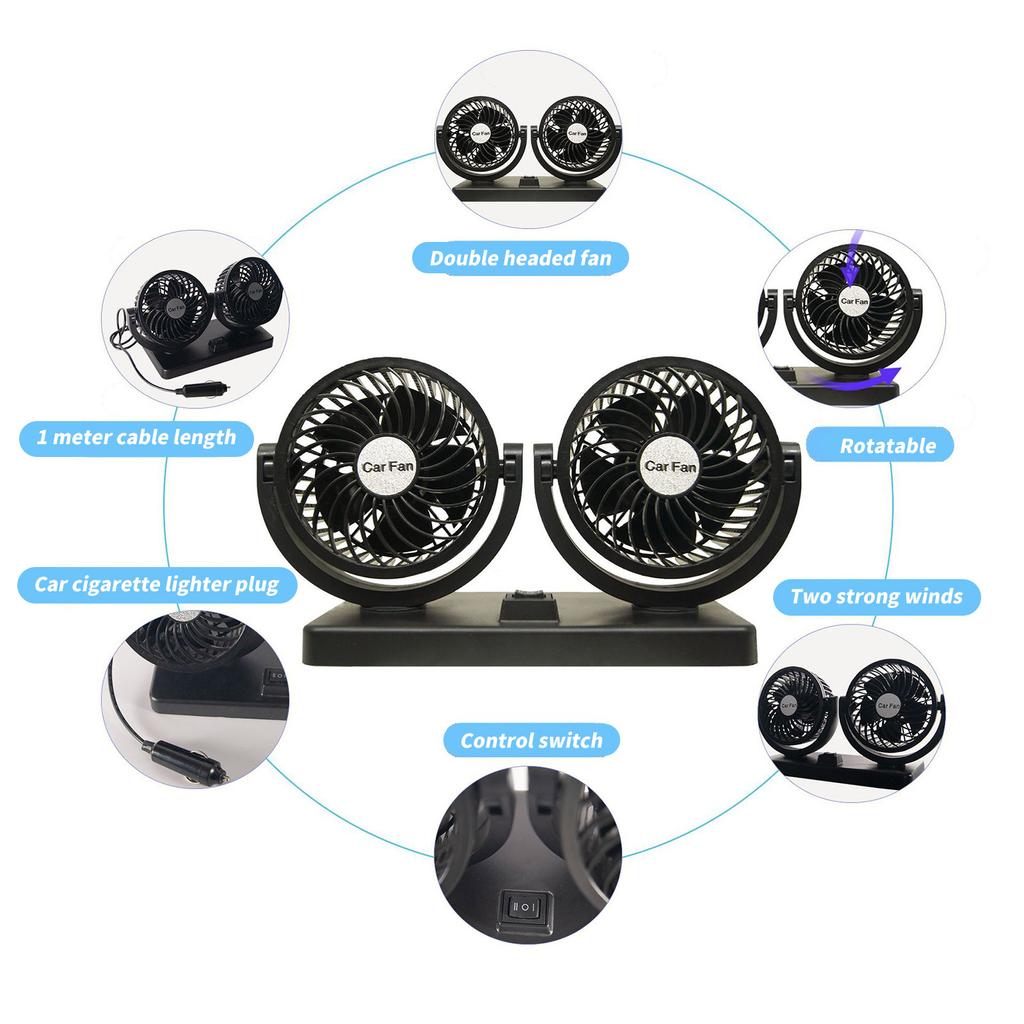 12V Double Motor Vehicle Fan, USB Car Air Ventilator with Two Speed Control, Horizontal and Vertical Adjustment Features