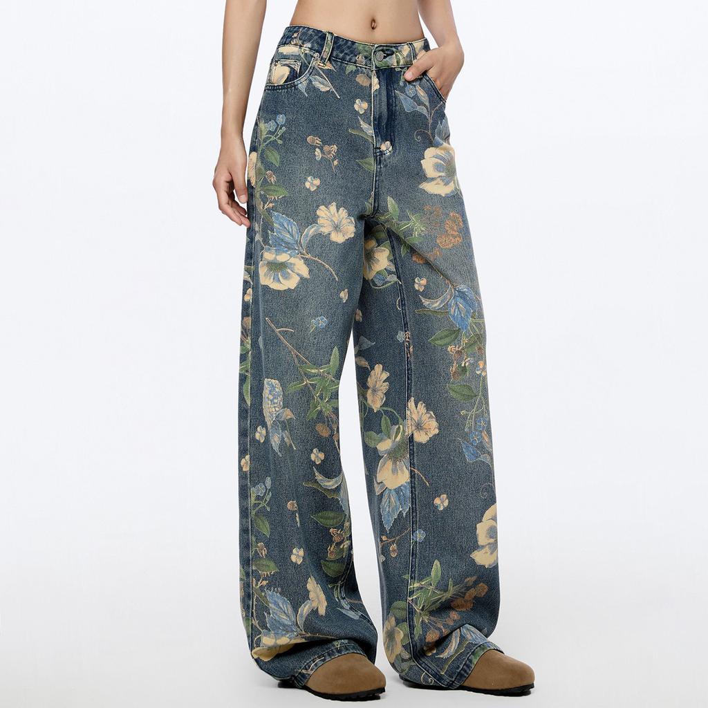 Damskie Retro Luźne Jeansy z Kwiatowym Wzorem