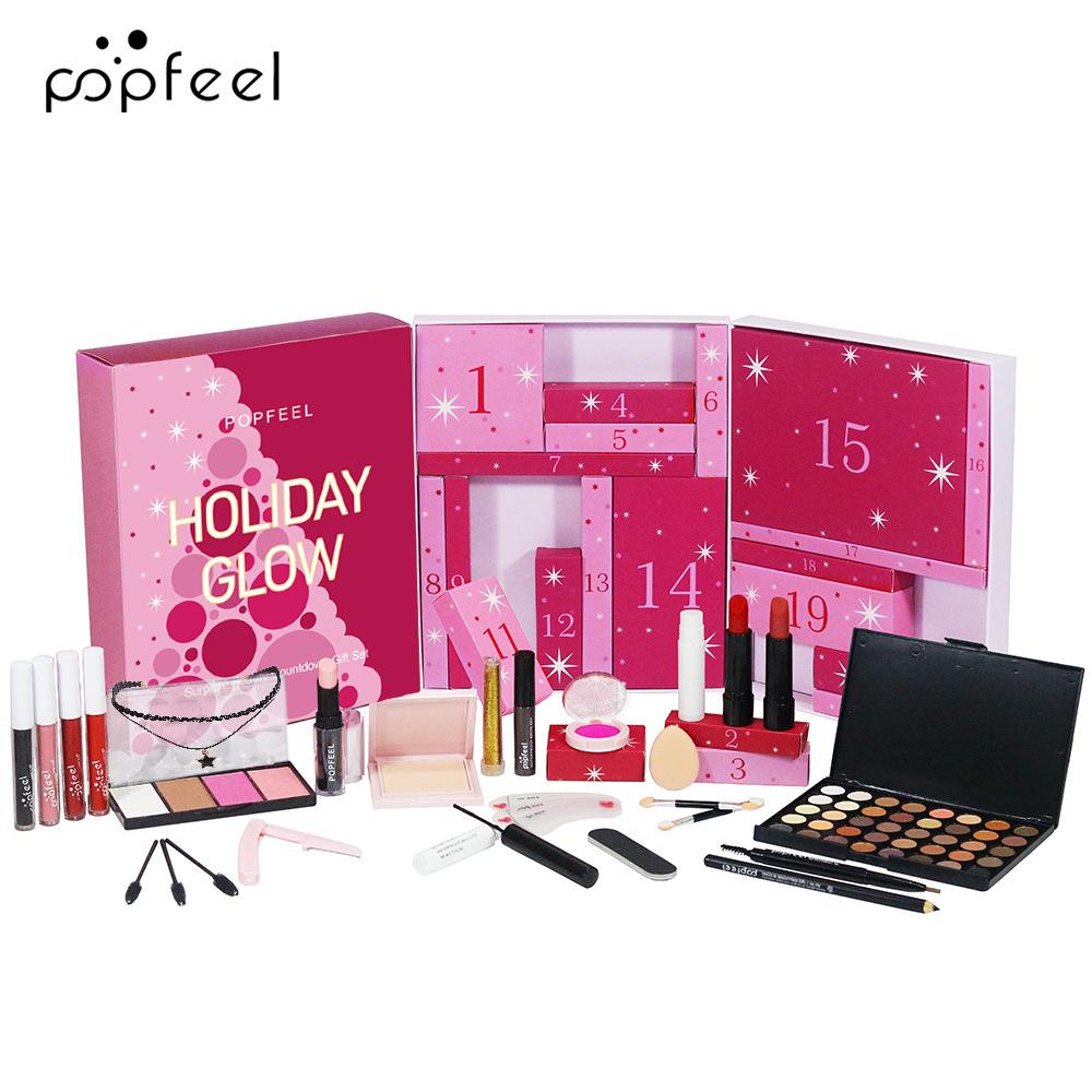 Popfeel Holiday Glow Advent Calendar Makeup Set Full Kit Earth Tone Eyeshadow Lipstick Lip Gloss Mascara Beginner Holiday Gift Box for Women