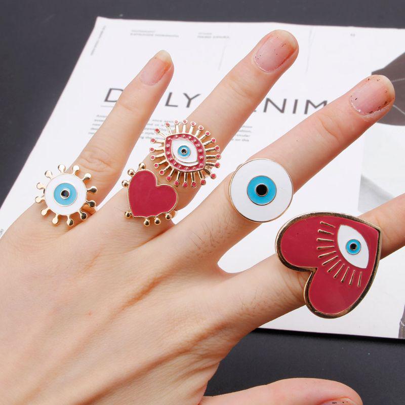 5Pcs Heart Enamel Evil Eye Open Band Women Rings Exaggerated Fashion Jewelry