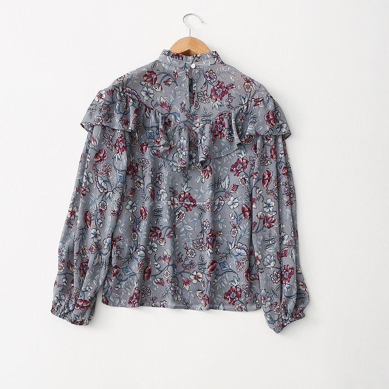 Export Export Tail Order Graceful Stand Collar Print Ruffles Double Layer Chiffon Shirt Women's Long Sleeve Tops Spring and Summer Women's Clothing