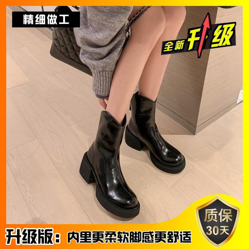 Thick heel but knee knight boots women's 2025 autumn and winter new V-mouth thin high boots British cowboy boots ins