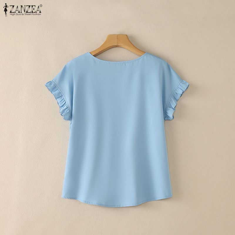 ZANZEA Blusa Casual da Donna a Maniche Corte e Girocollo a Tinta Unita