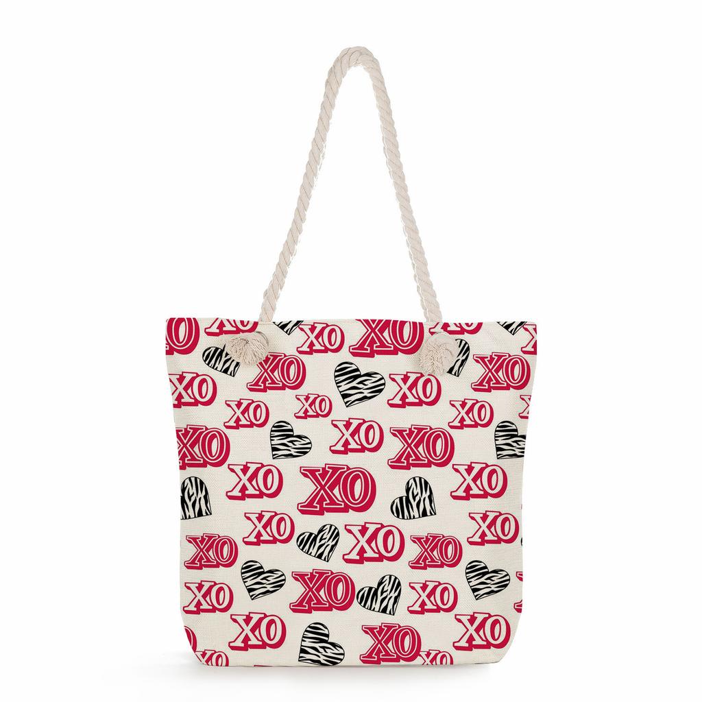Multifunctional Valentine's Day Printed Thick Rope Shoulder Beach Bag Casual Large Capacity Handbag 0122