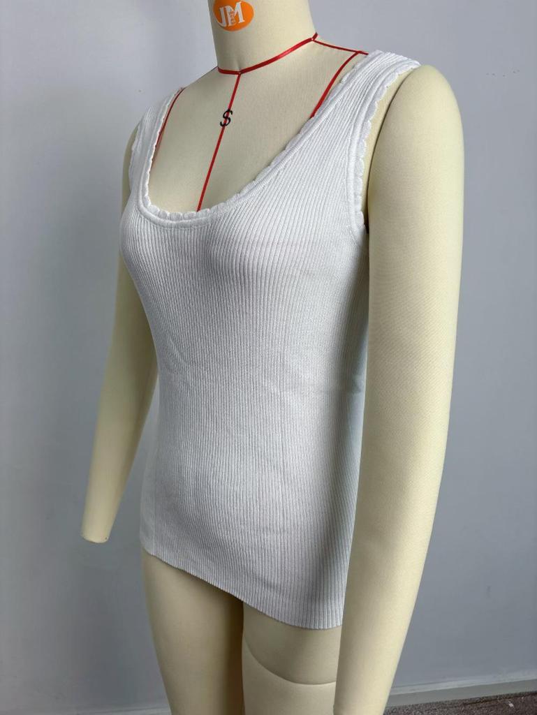 Chaleco de Verano de Punto Acanalado con Encaje sin Mangas y Cuello en U Estilo Europeo y Americano