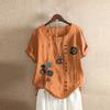 Women Buttons  Short Sleeve Floral Print Buttons Cotton Linen Vintage Top