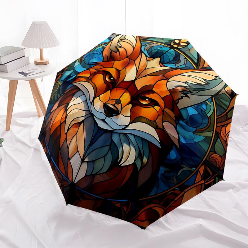 1pc Stained Glass Fox Design Automatic Folding Umbrella - Portable Tri-Fold Design with 8-Bone Iron Frame, Outdoor, Ideal Gift for Fans, Travelers, Da