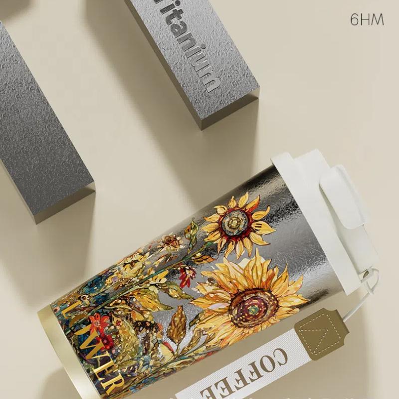 Pure Titanium Vacuum Flask & Thermos for Men and Women - Portablewith Straw Cherry Sunflower Thermos Bottle Tumbler