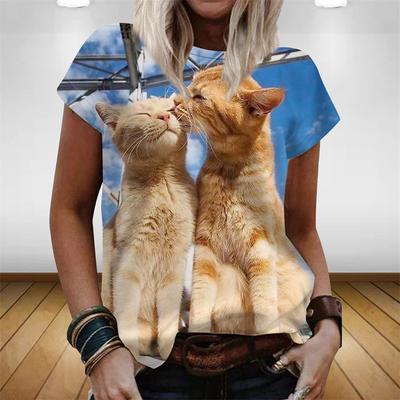 Summer Round Neck 3D Cat Print Top Fashionable Casual Short Sleeved Women's T-shirts