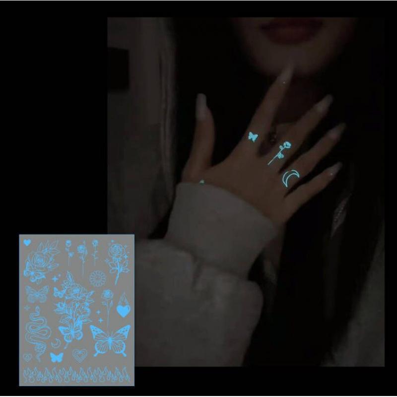 1/6 Sheets Blue Luminous Glow Tattoo Sticker Waterproof Temporary Finger Wrist Body Art False Butterfly Tattoo