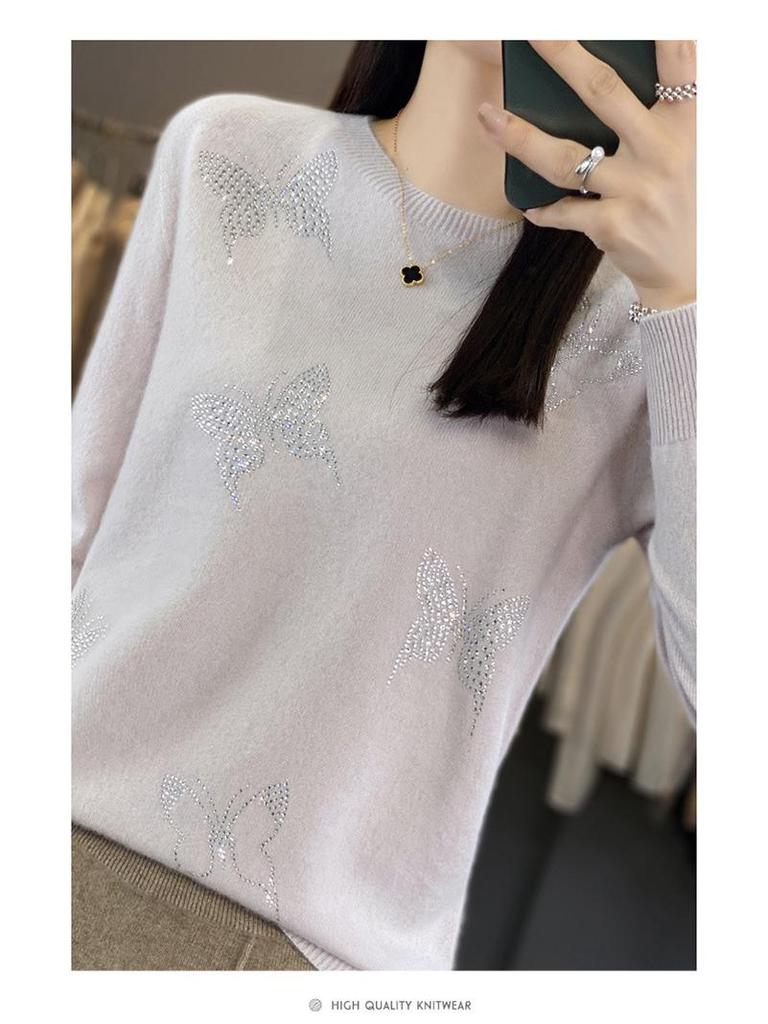Butterfly Rhinestone Crew Neck Casual Spring Sweater for Women