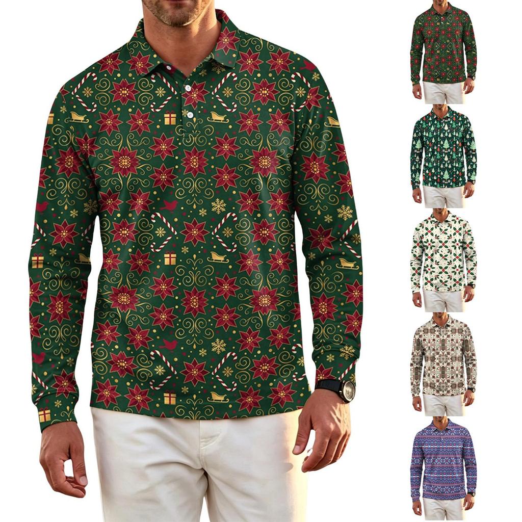 Men's Casual Quick-Dry Mesh Golf Shirt, Long Sleeve Christmas Print Top for Golf and Casual Wear