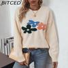 BITCED Floral Sweater Women's Fall/Winter Oversized Fashion Casual O-Neck Knit Top