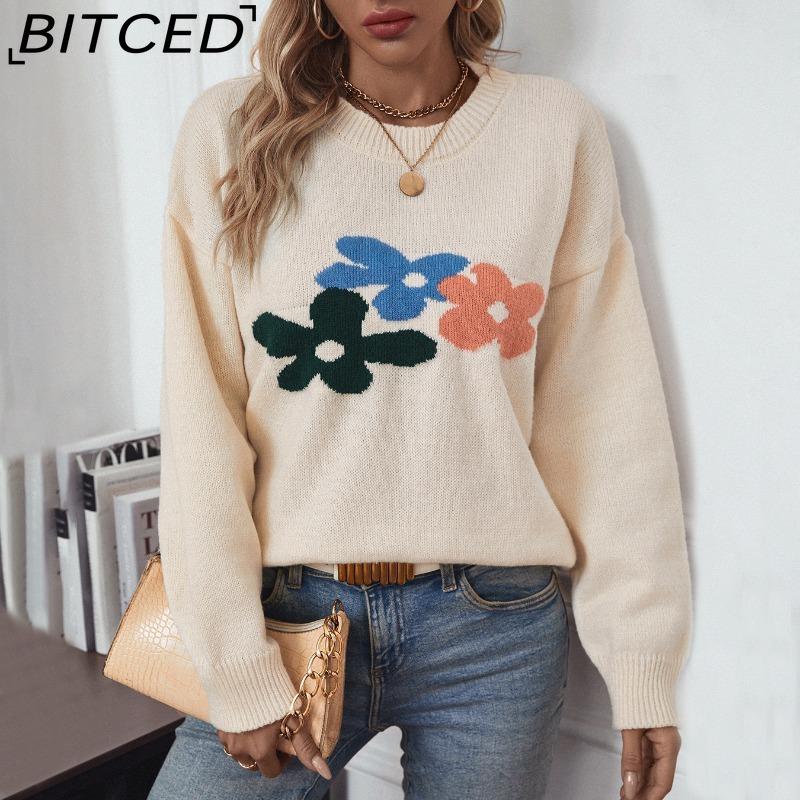 BITCED Floral Sweater Women's Fall/Winter Oversized Fashion Casual O-Neck Knit Top