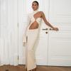 New high split fork single shoulder exposed navel Spice Girl slim dress sexy hollow long sleeve dress