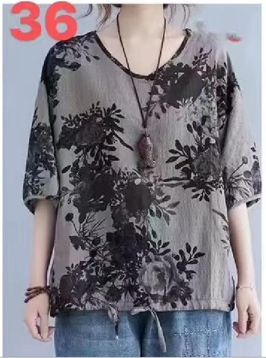Summer Printed Short-sleeved T-shirt V-neck Cotton and Linen Loose Large-size Women's Top T-shirt Cotton and Linen Shirt