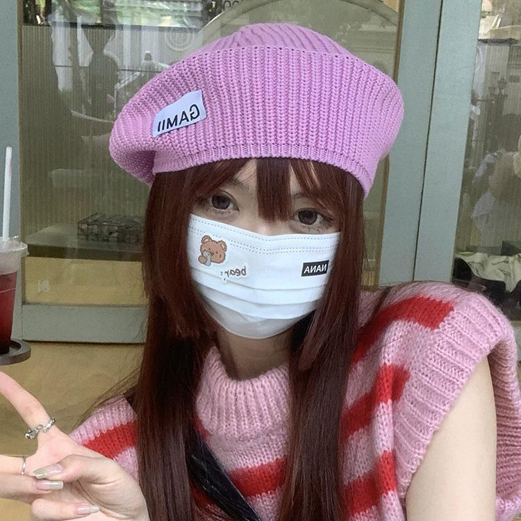 Trendy Korean Style Pink Knit Wool Beret: Women's Autumn/Winter Versatile, Face-Slimming Painter Hat