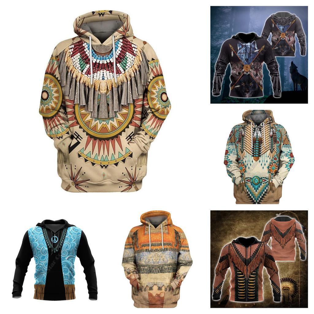 Spring Style Comfortable and Casual Hooded Sweatshirt D Digital Indian Print Pullover Long-sleeved Top