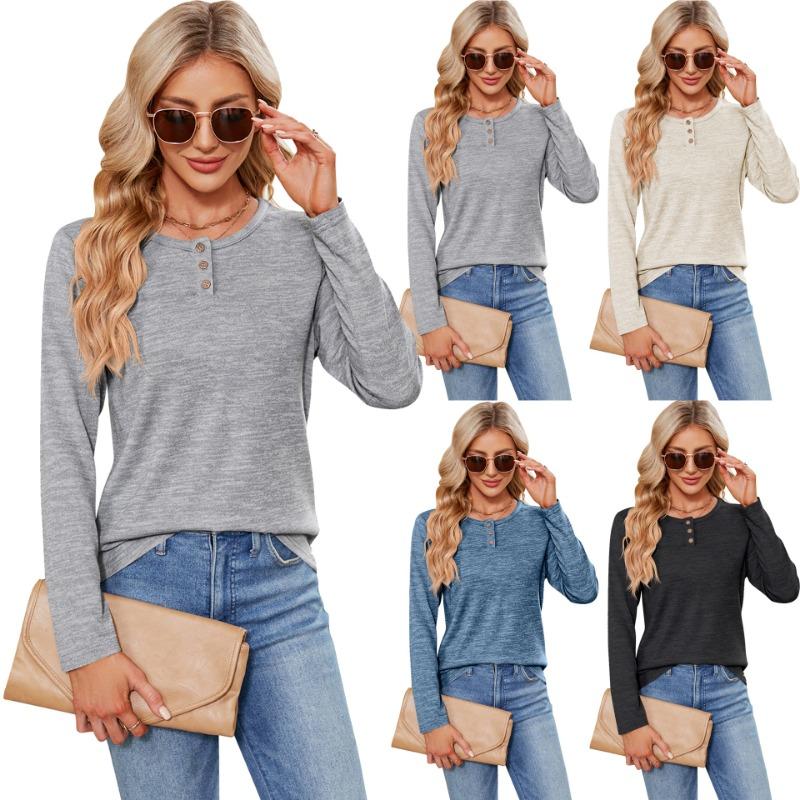 Women's Autumn/Winter Pullover Top Solid Color Button O Neck Comfortable Long Sleeve Buckle T-Shirts